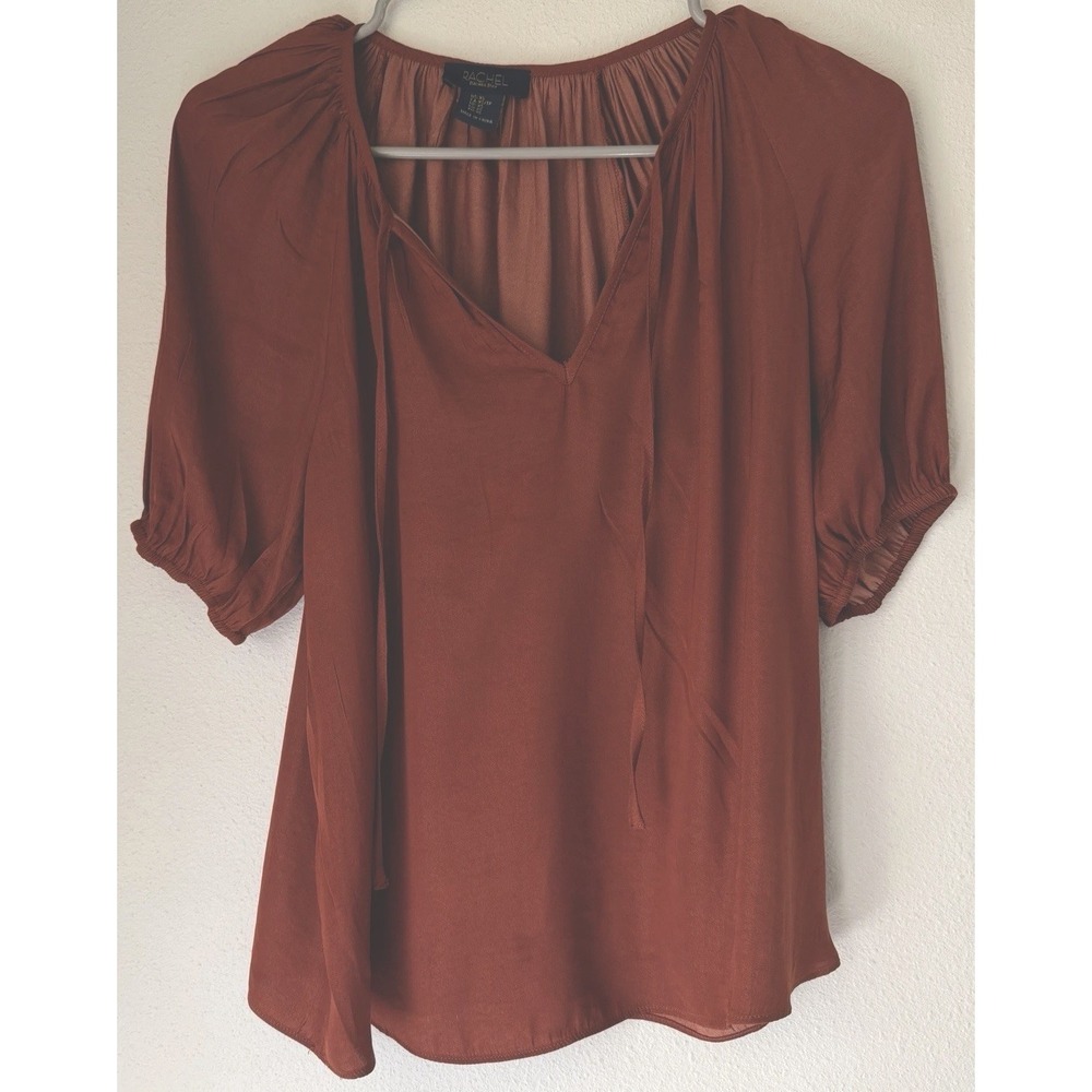 Rachel Rachel Roy Satin Tie Neck Blouse Womens XSmall Rust Boho Short Sleeve Top